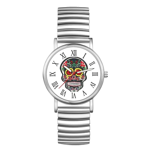 JewelryWe Damenuhr Totenkopf Elastische Uhr: Halloween Bunt Blumen Schädel Analog Quarz Armbanduhr Damen Herren Silber Edelstahl Stretch-Armband Ultradünne Uhr mit Zugarmband & Großen Römischen Zahlen von JewelryWe