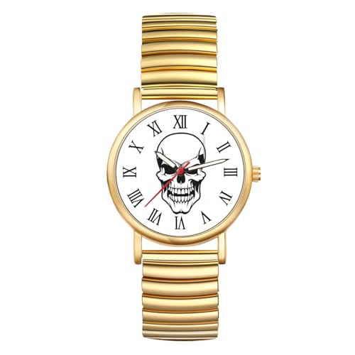 JewelryWe Damenuhr Totenkopf Elastische Uhr: Halloween Gotik Schädel Analog Quarz Armbanduhr Damen Herren Gold Edelstahl Stretch-Armband Ultradünne Uhr mit Zugarmband und Großen Römischen Zahlen von JewelryWe