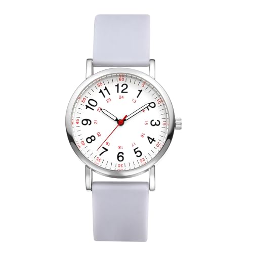 JewelryWe Damenuhr Uhr mit 24-Stunden-Zifferblatt und Silikonarmband: Damen Analog Quarz Armbanduhr mit Grau Silikon Armband und Großen Zahlen Krankenschwester Uhr für für medizinisches Personal von JewelryWe