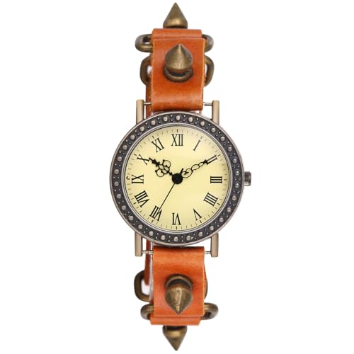 JewelryWe Damenuhr Vintage Leder Uhr: Retro Spikes Nieten Analog Quarz Armbanduhr Damen Herren Orange Lederarmband aus Legierung Uhr mit römischen Ziffern Zifferblatt von JewelryWe