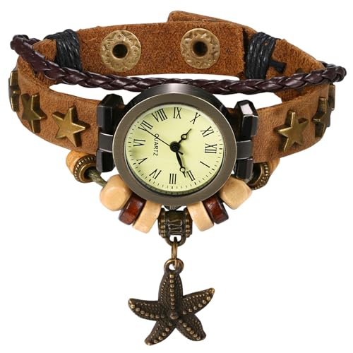 JewelryWe Damenuhr Vintage Leder Uhr: Retro Stern Seestern Analog Quarz Armbanduhr Damen Geschichtet Perlen Leder Geflochten Armband verstellbar Armreif Lässige Uhr mit Römischen Ziffern Zifferblatt von JewelryWe