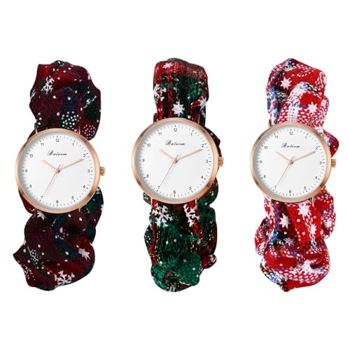 JewelryWe Damenuhr Weihnachten Haargummi mit Uhr: 3er Set Damen Analog Quarz Armbanduhr Weihnachtsuhr Einfache Ultradünne Uhr mit Elastischem Haarband Stretcharmband Geschenke von JewelryWe