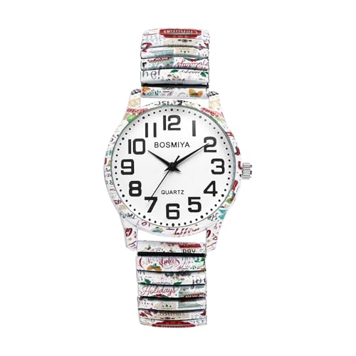 JewelryWe Damenuhr Weihnachtsuhr mit Elastischem Zugarmband: Boho Stil Festliches Weihnachtsdesign Analog Quarz Armbanduhr Damen Senioren Edelstahl Stretcharmband Weihnachten Uhr mit Großen Zahlen von JewelryWe