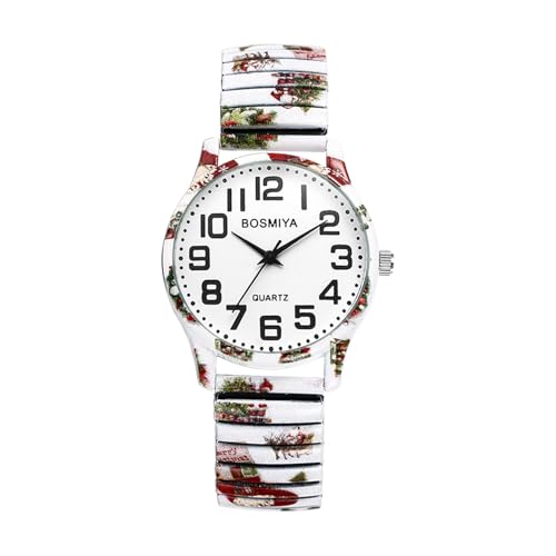 JewelryWe Damenuhr Weihnachtsuhr mit Elastischem Zugarmband: Boho Stil Weihnachtsblumen Muster Analog Quarz Armbanduhr Damen Senioren Edelstahl Stretcharmband Weihnachten Uhr mit Großen Zahlen von JewelryWe