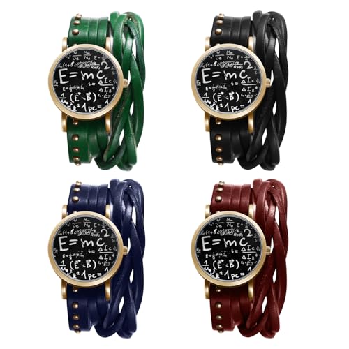 JewelryWe Damenuhr Wickelarmbanduhr Lederarmband Uhr: 4 Stück Vintage Analog Quarz Armbanduhr Damen Echtleder Geflochten Armband Wickelarmband Halloween Punk Uhr mit Einstein Formel E=mc² von JewelryWe