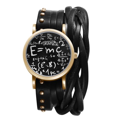 JewelryWe Damenuhr Wickelarmbanduhr Lederarmband Uhr: Vintage Analog Quarz Armbanduhr Damen Schwarz Echtleder Geflochten Armband Wickelarmband Halloween Punk Uhr mit Einstein Formel E=mc² von JewelryWe