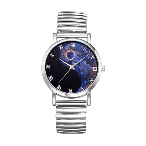 JewelryWe Damenuhr Yin-Yang Elastische Uhren: Tai Chi Yin und Yang Wolkenmuster Analog Quarz Armbanduhr Damen Silber Edelstahl Stretch Armband Lässige Uhr mit Zugarmband und Römischen Ziffern von JewelryWe