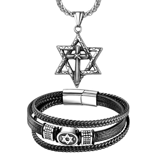 JewelryWe Davidstern Halskette Armband 2er Set: Edelstahl Hexagramm Kreuz Anhänger Kette Lederarmband Schmuckset Leder Geflochten Wickelarmband mit Magnetverschluss Jüdisch Schmuck für Herren Damen von JewelryWe
