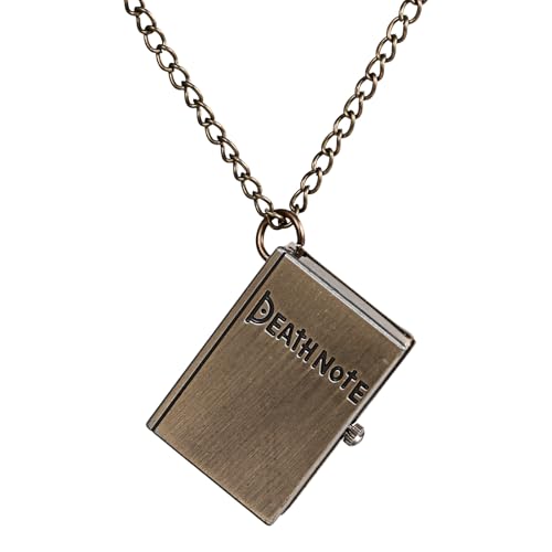 JewelryWe Death Note Taschenuhr mit Kette: Antik Bronze Analog Quarz Kettenuhr Gothic Notizbuch zum Öffnen Uhr Anhänger Halskette mit Totenkopf Schädel Männer Frauen von JewelryWe