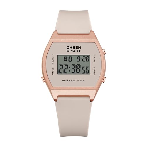 JewelryWe Digitaluhr Damen Gummi Tonneau: 12/24H 30M wasserdichte Elektronische Digital Armbanduhr Rosa Kautschuk Band Multifunktional Sport Uhr mit Kalender Wecker Stoppuhr LED-Beleuchtung von JewelryWe