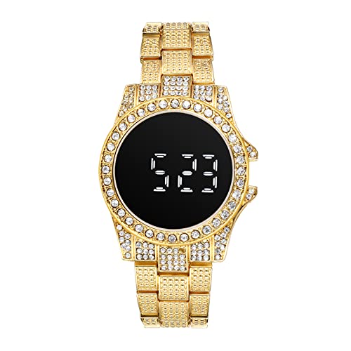 JewelryWe Digitaluhr Damen Herren Digital Armbanduhr Elegant Einzigartig Strass LED Touch-Display Kalender Geschäfts Beiläufige Uhr mit Metall-Armband Gold von JewelryWe