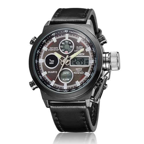JewelryWe Digitaluhr Herren Echtleder Uhren: Analog Digital Dualzeit 30m Wasserdicht Armbanduhr Schwarz Leder Armband Uhr mit Wecker Kalender Stoppuhr Leuchtzeiger LED-Hintergrundbeleuchtung JewelryWe Digitaluhr Herren Echtleder Uhren: Analog Digital Dualzeit 30m Wasserdicht Armbanduhr Schwarz Leder Armband Uhr mit Wecker Kalender Stoppuhr Leuchtzeiger LED-Hintergrundbeleuchtung von JewelryWe