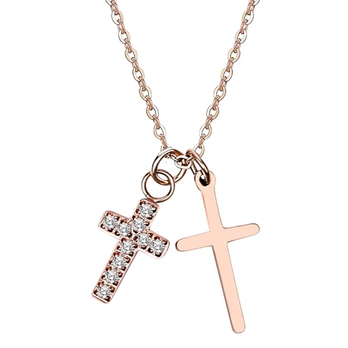 JewelryWe Doppelkreuz Kreuz Halskette Damen: Rosegold Edelstahl Cubic Zirkonia Double Cross Anhänger Kette Exquisite Christliche Glaube Schmuck Geschenk für Frauen Mädchen von JewelryWe
