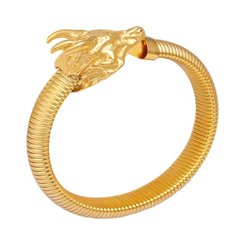 JewelryWe Drache Armband Gold Herren: Vergoldet Drachenkopf Chunky Manschette Armreif Offen Verstellbar Stretcharmband Edelstahl Elastische Schlangenkette Armspange Wikinger Schmuck Geschenk von JewelryWe