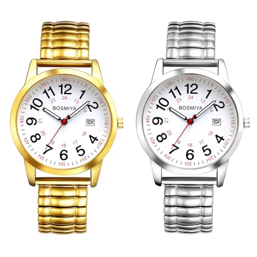 JewelryWe Elastische Uhr mit Großen Zahlen: 2 Stück Klassische Einfache Kalender Analog Quarz Armbanduhr Damen Herren Edelstahl Stretcharmband Unisex Uhr mit Zugarmband und 12/24 Stunden Zifferblatt von JewelryWe