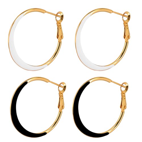 JewelryWe Emaille Creolen Ohrringe für Damen: 2 Paar Gold Edelstahl Kleine Leichte Creolen Huggie Ohrringe mit Emaillefarbe Hypoallergen 925 Silber Ohrstecker Ohr-Piercing Geschenke für Frauen Mädchen von JewelryWe