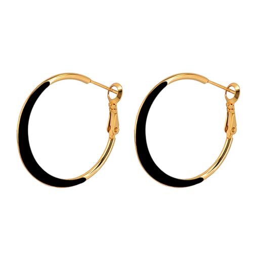 JewelryWe Emaille Creolen Ohrringe für Damen: Gold Edelstahl Kleine Leichte Creolen Huggie Ohrringe mit Schwarz Emaillefarbe Hypoallergen 925 Silber Ohrstecker Ohr-Piercing Geschenk für Frau Mädchen von JewelryWe