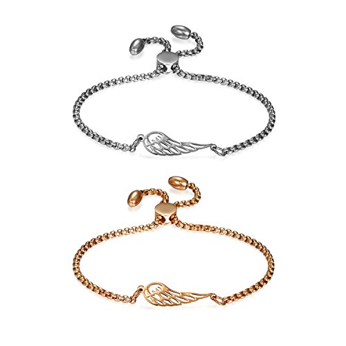 JewelryWe Engelsflügel Armband Damen Edelstahl: 2 PCS Elegant Engel Flügel Engelsflügel Charm-Armband Armkette Verstellbar Armkettchen Armreif Geschenk für Frauen Mädchen Gold Silber von JewelryWe