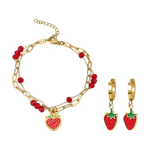 JewelryWe Erdbeer Armband Ohrringe 3er Set: Gold Edelstahl Kinder Schmuckset Süße Obst Erdbeere Creolen Huggie Ohrringe Armkette Geburtstag Weihnachten Erdbeer-Festival Geschenk für Mädchen Tochter von JewelryWe