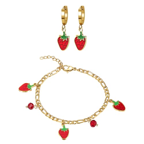 JewelryWe Erdbeer Schmuckset für Kinder Mädchen: 3pcs Gold Edelstahl Süße Obst Erdbeere Creolen Huggie Ohrringe Armband Schmuck Set Geburtstag Weihnachten Erdbeer-Festival Geschenk für Mädchen Tochter von JewelryWe
