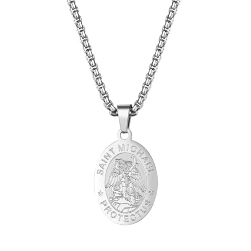 JewelryWe Erzengel Michael Halskette Herren: Silber Edelstahl Heiliger Christophorus Ovale Medaille Anhänger Kette mit Karte Gravur St. Michael Protect Us Katholische Religiöse Amulett Schutz Schmuck von JewelryWe