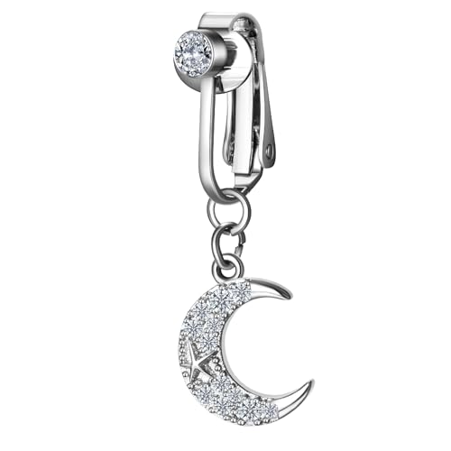 JewelryWe Fake Bauchnabelpiercing Silber Damen: Chirurgenstahl Clip Fake Bauchnabel Piercing mit Zirkonia Mond Stern Anhänger Fake Belly Piercing Bauchschmuck für Frauen Mädchen von JewelryWe