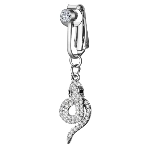 JewelryWe Fake Bauchnabelpiercing Silber Damen: Chirurgenstahl Clip Fake Bauchnabel Piercing mit Zirkonia Schlangen Anhänger Fake Belly Piercing Bauchschmuck für Frauen Mädchen von JewelryWe