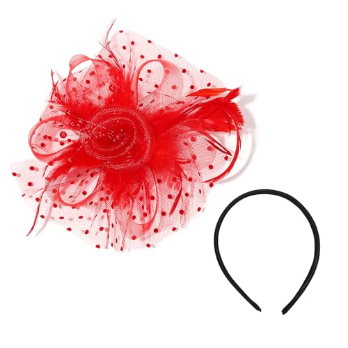 JewelryWe Fascinator Hut Rot für Damen: Vintage Mesh Blume Feder Polka Dots Punkte Pillbox Hüte Derby Hut mit Schleier Stirnband und Clip Tea Party Kopfbedeckung für Frau Mädchen von JewelryWe