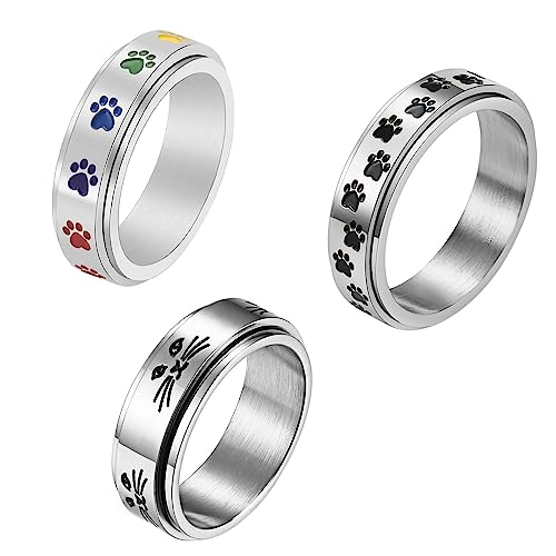 JewelryWe Fidget Angst Spinner Ring Damen - 3pcs Silber Edelstahl Anxiety Ringe Set mit Pfotenabdruck für Haustiere Welpe Kätzchen Zappel-Band Stressabbau Spinning Ringe für Frauen Größe 54 von JewelryWe