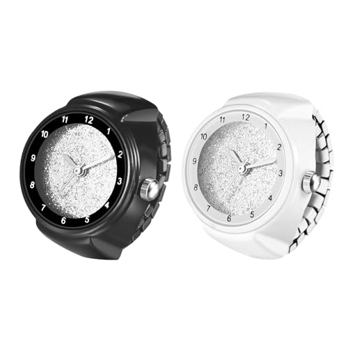 JewelryWe Fingeruhr Elastische Ringuhr Damen: 2er Set Analog Quarz Fingerringuhr Edelstahl Stretchband Uhr Ring Unisex mit Zugband, Arabische Ziffernskala und Mattiert Zifferblatt von JewelryWe