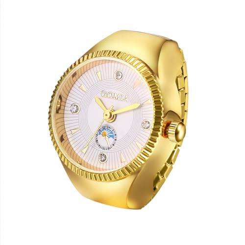 JewelryWe Fingeruhr Elastische Ringuhr Damen: Gold Analog Quarz Fingerringuhr Edelstahl Stretchband Uhr Ring Unisex mit Zugband und Römischen Ziffern Diamantskala von JewelryWe