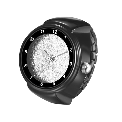 JewelryWe Fingeruhr Elastische Ringuhr Damen: Schwarz Analog Quarz Fingerringuhr Edelstahl Stretchband Uhr Ring Unisex mit Zugband, Arabische Ziffernskala und Mattiert Zifferblatt von JewelryWe