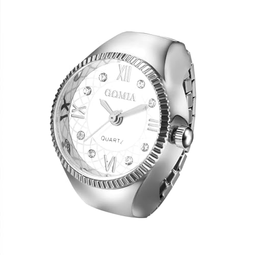 JewelryWe Fingeruhr Elastische Ringuhr Damen: Silber Analog Quarz Fingerringuhr Edelstahl Stretchband Uhr Ring Unisex mit Zugband und Facettierte Lünette von JewelryWe