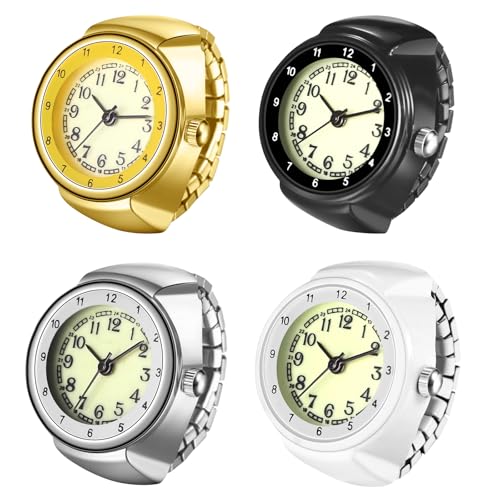 JewelryWe Fingeruhr Ringuhr Elastische Ring: 4pcs Einfache Analog Quarz Fingerringuhr Damen Edelstahl Stretchband Uhr Uhrenring mit Großen Zahlen & Zugband von JewelryWe