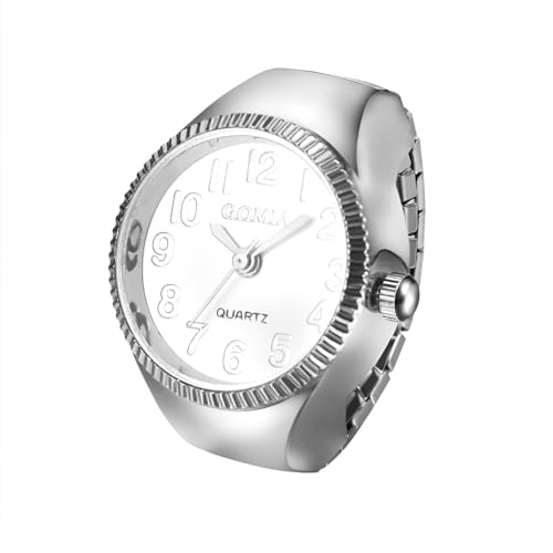 JewelryWe Fingeruhr Ringuhr Elastische Uhr: Silber Analog Quarz runde Fingerringuhr Legierung Ring Uhr Uhrenring mit Stretchband und arabischen Ziffernskala - Geschenke für Damen Herren von JewelryWe