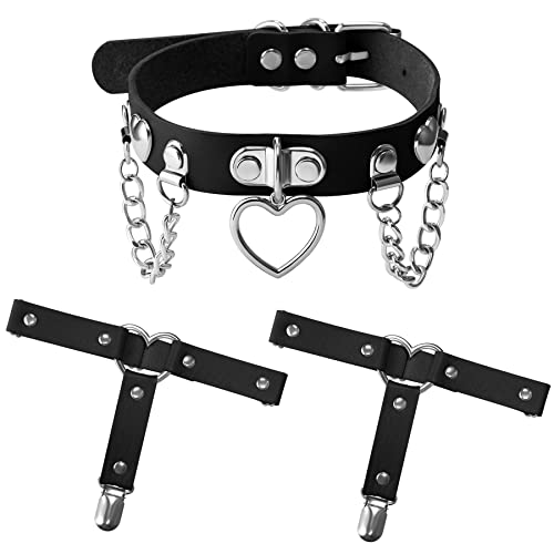 JewelryWe Frauen Punk Leder Choker mit 2 Stück Beingeschirr Strumpfband Gürtel Set Herz Charm Verstellbare Halskette Oberschenkel Ring Strumpfband Beinwickel für Party Raves, Leder von JewelryWe