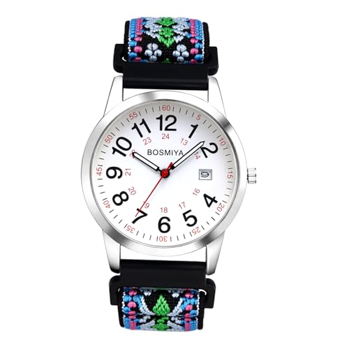 JewelryWe Geflochten Elastische Uhr mit Stoffarmband: Boho Kalender Analog Quarz Armbanduhr mit Bunt Stretcharmband & 24-Stunden-Anzeige - Vintage Ethnische Damenuhr Herrenuhr mit Großen Zahlen #F von JewelryWe