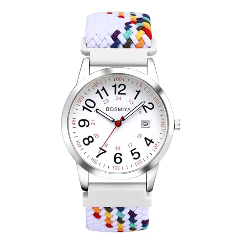 JewelryWe Geflochten Elastische Uhr mit Stoffarmband: Unisex Kalender Analog Quarz Armbanduhr mit Weiß-Bunt Gewebt Stretcharmband & 24-Stunden-Zifferblatt - Boho Damenuhr Herrenuhr mit Großen Zahlen von JewelryWe