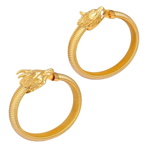 JewelryWe Gold Armband Herren 2er Set: Vergoldet Drache Wolf Chunky Manschette Armreif Offen Verstellbar Stretcharmband Edelstahl Elastische Schlangenkette Armspange Wikinger Schmuck Geschenk von JewelryWe