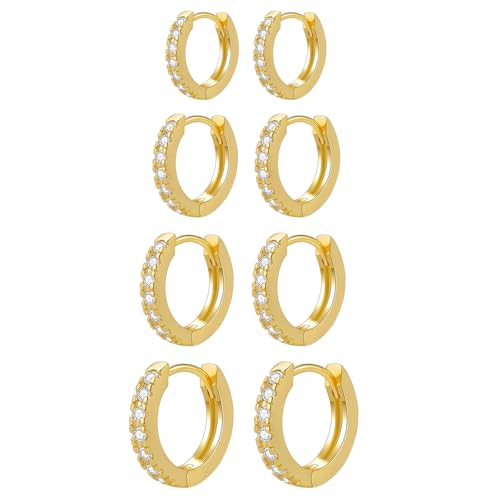JewelryWe Gold Creolen Damen mit Zirkonia: 4 Paar Kleine Creolen Huggie Ohrringe 925 Sterling Silber Stecker Hypoallergen Minimalistischer Schmuck für Frauen Mädchen von JewelryWe
