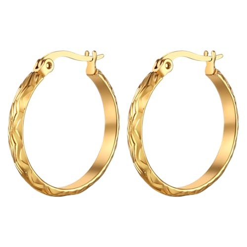 JewelryWe Gold Creolen Ohrringe Damen: 24mm Edelstahl Chunky Golden Ohrringe Große Dick Huggie Creolen mit Schnitzmuster Tropfen Ohrringe Ohrhänger für Frauen Mädchen von JewelryWe
