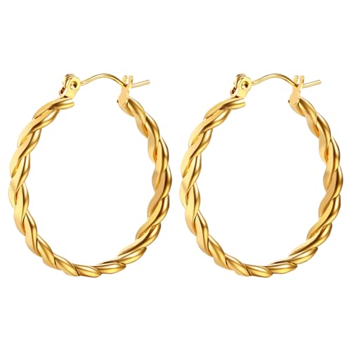 JewelryWe Gold Creolen Ohrringe Damen: 28mm Edelstahl Twisted Gedreht Chunky Golden Ohrringe Große Dick Huggie Creolen Tropfen Ohrringe Ohrhänger für Frauen Mädchen von JewelryWe