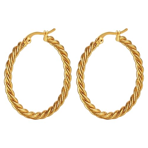 JewelryWe Gold Creolen Ohrringe Damen: 35mm Edelstahl Twisted Gedreht Chunky Golden Ohrringe Große Dick Huggie Creolen Tropfen Ohrringe Ohrhänger für Frauen Mädchen von JewelryWe
