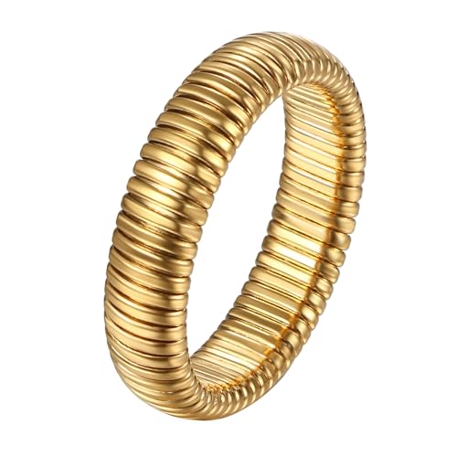 JewelryWe Gold Elastische Ringe für Damen: 6mm Breit Edelstahl Damen-Ring Einfach Gestreift Chunky Ring Frauen Klobig Dick Stapelbare Dehnbare Ringe Band Größe 57 von JewelryWe