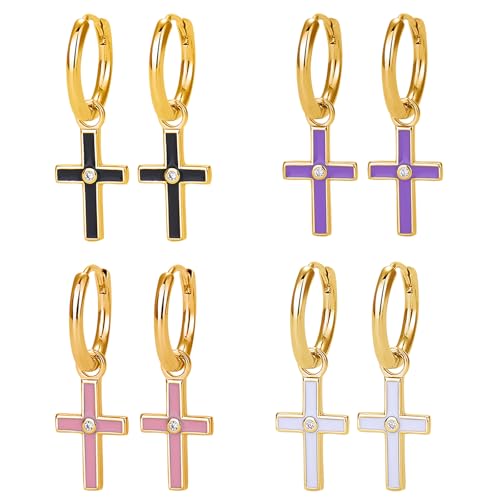 JewelryWe Gold Kreuz Ohrringe für Damen: 4 Paar Edelstahl Kleine Huggie Creolen mit Emaille 925 Sterling Silber Stecker Hypoallergen Mini Cross Ohrhänger Preppy Hängende Ohrringe für Frau Mädchen von JewelryWe
