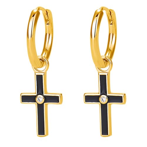 JewelryWe Gold Kreuz Ohrringe für Damen: Edelstahl Kleine Huggie Creolen mit Schwarz Emaille 925 Sterling Silber Stecker Hypoallergen Mini Cross Ohrhänger Preppy Hängende Ohrringe für Frau Mädchen von JewelryWe