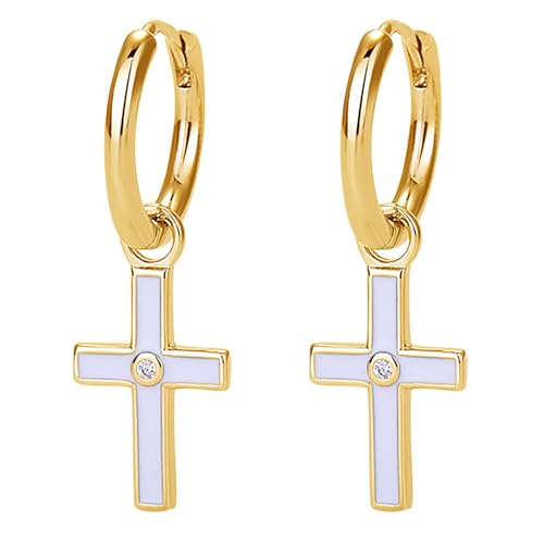JewelryWe Gold Kreuz Ohrringe für Damen: Edelstahl Kleine Huggie Creolen mit Weiß Emaille 925 Sterling Silber Stecker Hypoallergen Mini Cross Ohrhänger Preppy Hängende Ohrringe für Frau Mädchen von JewelryWe