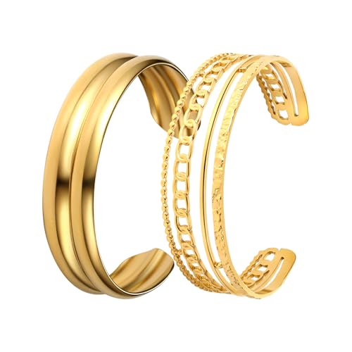 JewelryWe Gold Offen Armreif für Damen: 2 Stück 14K Vergoldet Edelstahl Chunky Armband Breite Verstellbare Armspange Statement Manschette Armband mit Doppelrillen und Ketten-Design von JewelryWe