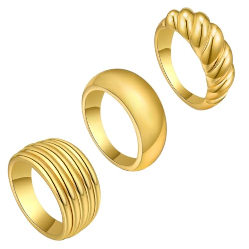 JewelryWe Gold Ringe Damen 3er Set: Edelstahl Vergoldet Chunky Ring Gestreift Croissant Dome Dicke Goldringe Stapelbare Fingerringe Bandring Statement Ring Schmuck Geschenk für Frauen Mädchen Größe 52 von JewelryWe