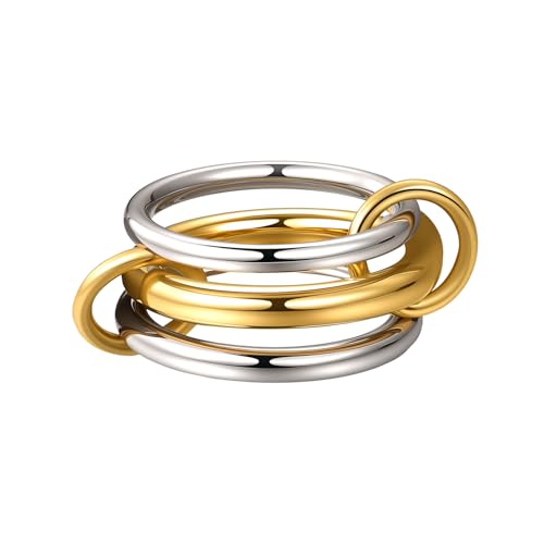 JewelryWe Gold Ringe Stapelringe für Damen: 14k Vergoldet Edelstahl Damenringe 3 Stück Verbundene Stapelbare Ringe Golden Silber Fingerringe Statement Ring Hypoallergene Schmuck Geschenk Größe 52 von JewelryWe